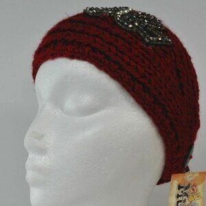 Winter Women Headband Crochet Red & Black Bow with Stones